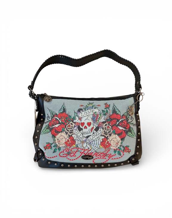 Ed Hardy Handbags - Ed Hardy Love Kills Slowly Rhinestone Denim Shoulder Bag